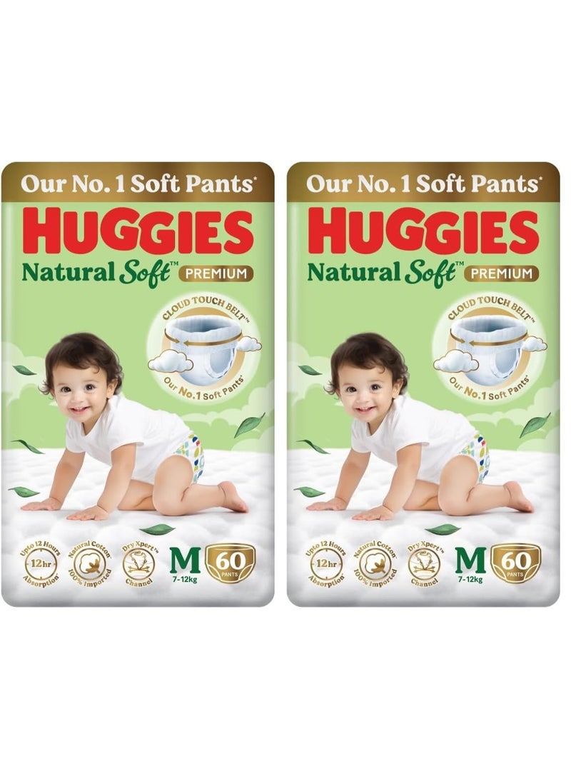 Huggies Natural Soft Premium Baby Diaper Pants, Our No.1 Soft Pants, Medium (M) Size (7-12 Kgs), Pack of 60*2 diapers | Cloud Softness All over with India's 1st Cloud Touch Belt - Image 1