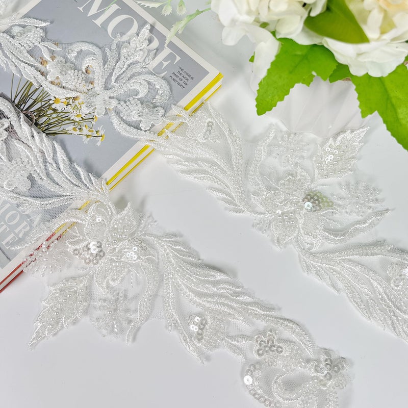 VIRFONOR 2yard Embroidered Lace Trim with Sequins and Beads,Floral Lace AppliquÃ© Ribbon for Wedding Dresses, Gowns, Headpieces, DIY Sewing Crafts (Pattern A) - Image 2
