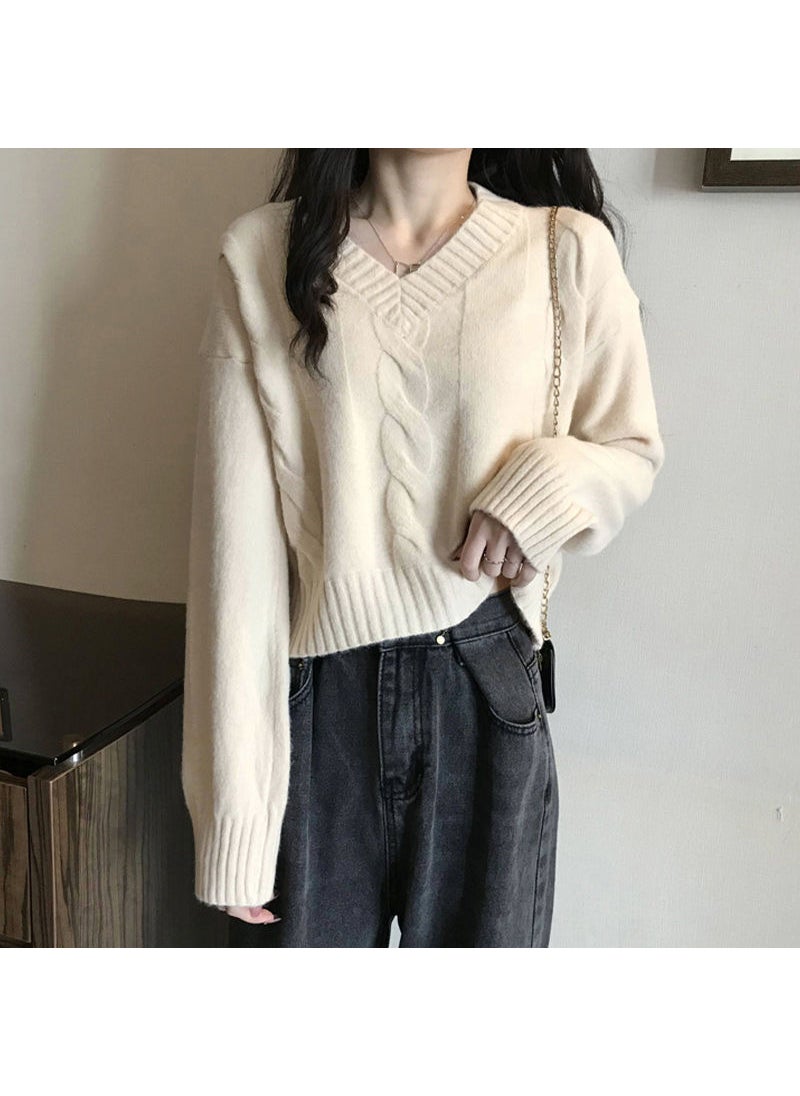 Generic - 2023 New Edition Classic Linen Versatile Korean Style Loose Lazy V-Neck Sweater Women Comfortable Casual Style Milk apricot - Image 1