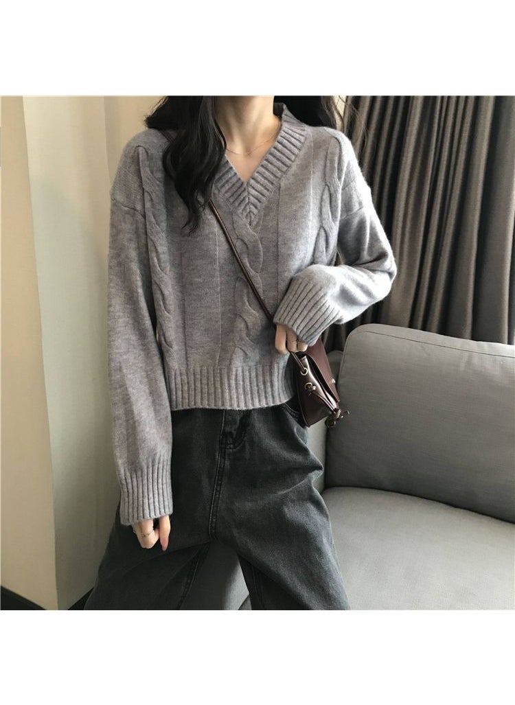 Generic - 2023 New Edition Classic Linen Versatile Korean Style Loose Lazy V-Neck Sweater Women Comfortable Casual Style Milk apricot - Image 1
