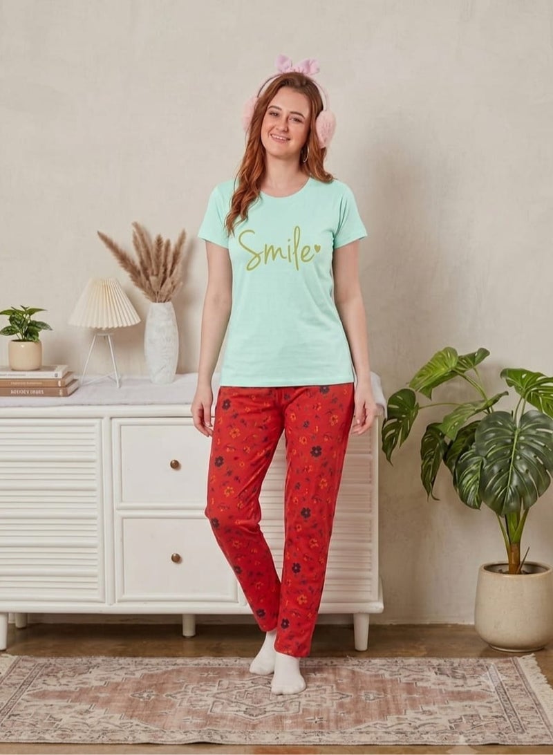 Women's Short Sleeve T-Shirt and Printed Pajama Pants Night Suit Set
