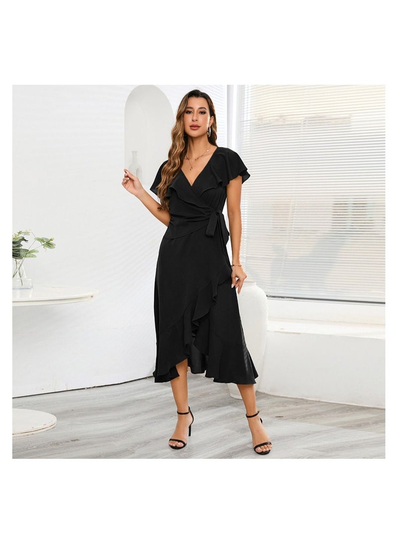 Loquat Flowering Lotus Leaf Large Swing V-neck Dress  - Image 3