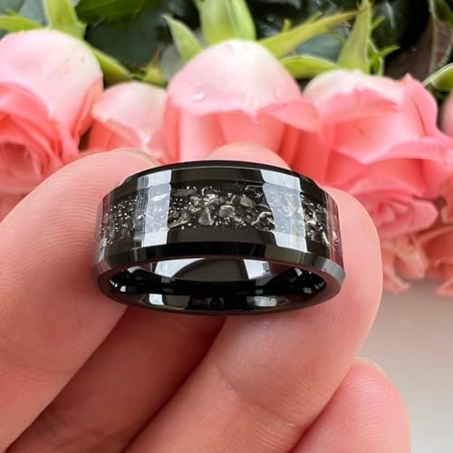 TUTISS 8mm Black Tungsten Rings for Men Women Meteorite Shavings Inlay Promise Engagement Wedding Bands Beveled Edges Polished Shiny Comfort Fit Size 9.5 - Image 3