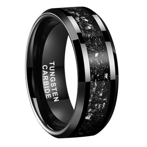 TUTISS 8mm Black Tungsten Rings for Men Women Meteorite Shavings Inlay Promise Engagement Wedding Bands Beveled Edges Polished Shiny Comfort Fit Size 9.5 - Image 1