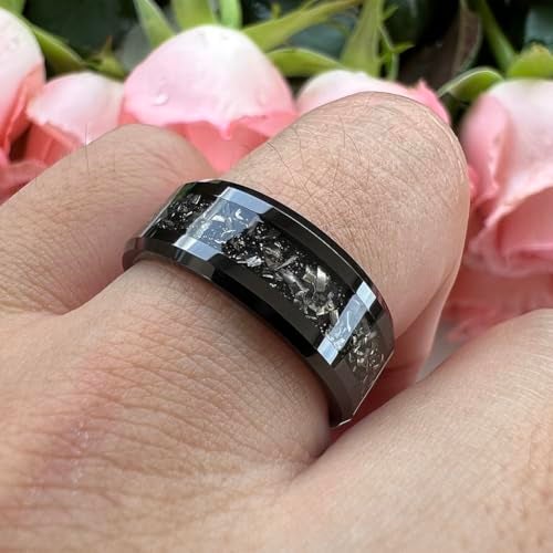 TUTISS 8mm Black Tungsten Rings for Men Women Meteorite Shavings Inlay Promise Engagement Wedding Bands Beveled Edges Polished Shiny Comfort Fit Size 9.5 - Image 5