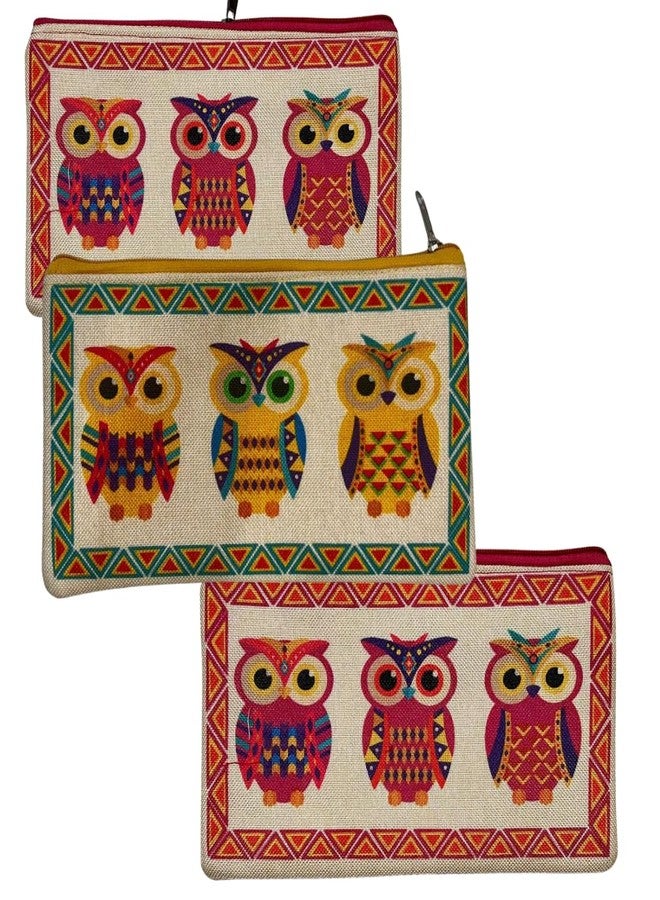 SwapKreations Jute Multipurpose Pouch - Gift for Women Premium Owl Print Case, Makeup Bag, Travel Pouch | Eco-Friendly | Vibrant Design | Multicolour (25cm x 14cm) | Set of 3 - Image 2
