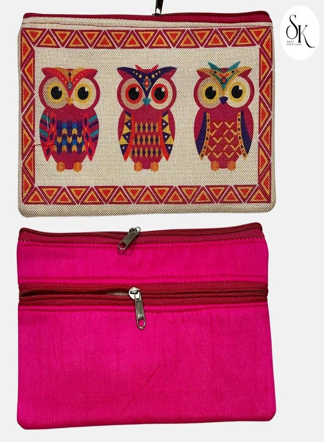 SwapKreations Jute Multipurpose Pouch - Gift for Women Premium Owl Print Case, Makeup Bag, Travel Pouch | Eco-Friendly | Vibrant Design | Multicolour (25cm x 14cm) | Set of 3 - Image 3