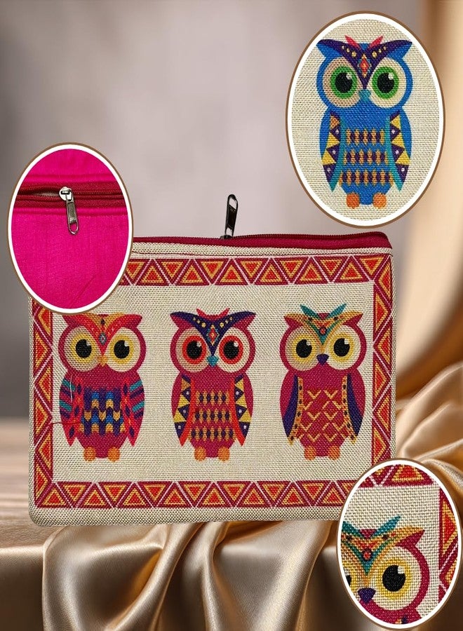 SwapKreations Jute Multipurpose Pouch - Gift for Women Premium Owl Print Case, Makeup Bag, Travel Pouch | Eco-Friendly | Vibrant Design | Multicolour (25cm x 14cm) | Set of 3 - Image 4