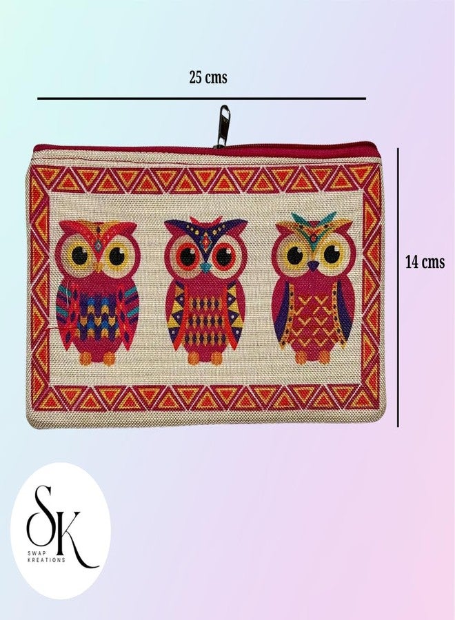 SwapKreations Jute Multipurpose Pouch - Gift for Women Premium Owl Print Case, Makeup Bag, Travel Pouch | Eco-Friendly | Vibrant Design | Multicolour (25cm x 14cm) | Set of 3 - Image 5