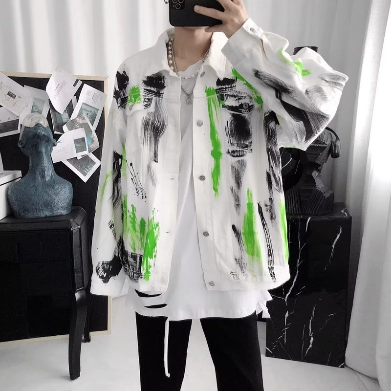Tie-Dyed Denim Coat Men'S New Graffiti Loose Workwear Jacket Korean Fashion Brand Casual Top Clothes - Image 1