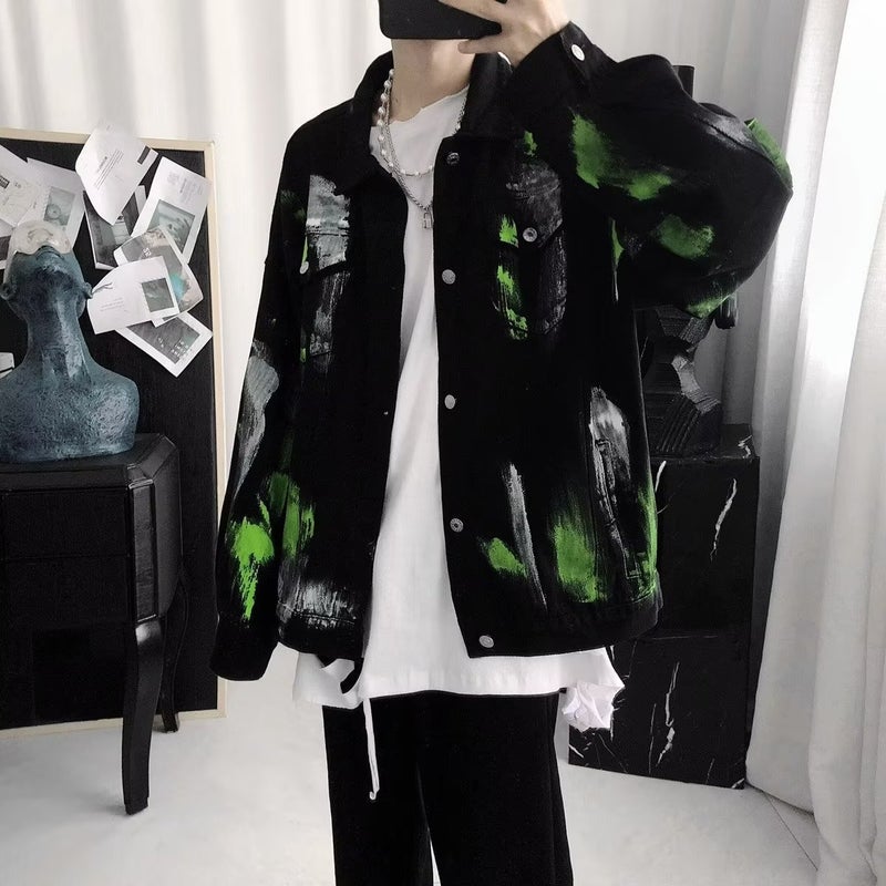 Tie-Dyed Denim Coat Men'S New Graffiti Loose Workwear Jacket Korean Fashion Brand Casual Top Clothes - Image 5