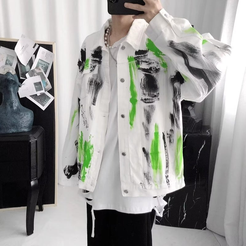 Tie-Dyed Denim Coat Men'S New Graffiti Loose Workwear Jacket Korean Fashion Brand Casual Top Clothes - Image 3