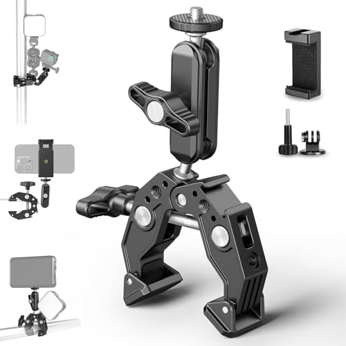 Adofys Action Camera Mount, Insta 360 Bike,Super Clamp Mount with 1/4''&3/8'' Screw,360° Double Ballhead Magic Arm with Mobile Holder and Adapter for Gopro, Insta 360 and All Mobile Phones - Image 1