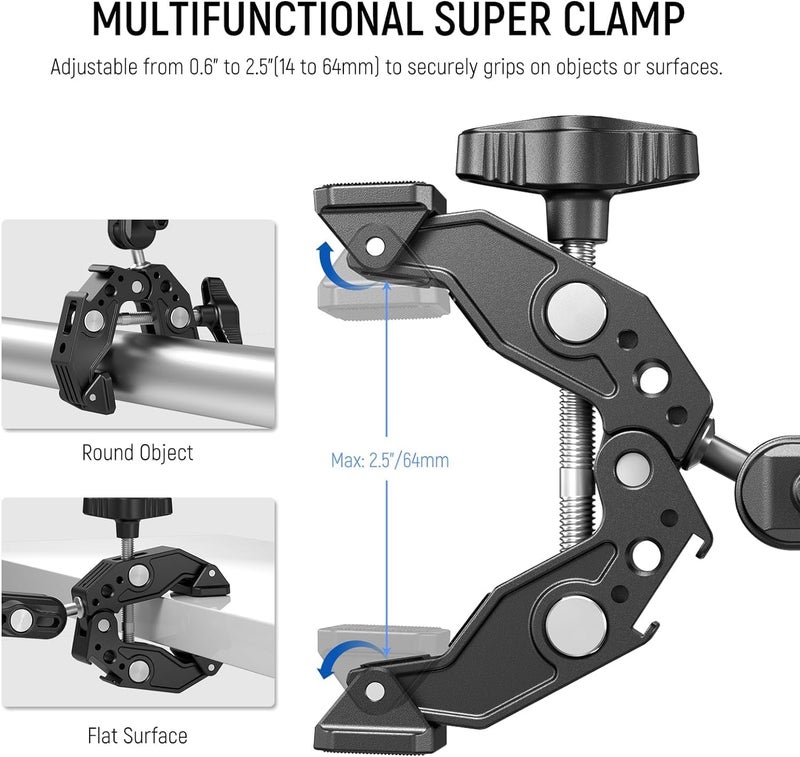 Adofys Action Camera Mount, Insta 360 Bike,Super Clamp Mount with 1/4''&3/8'' Screw,360° Double Ballhead Magic Arm with Mobile Holder and Adapter for Gopro, Insta 360 and All Mobile Phones - Image 3