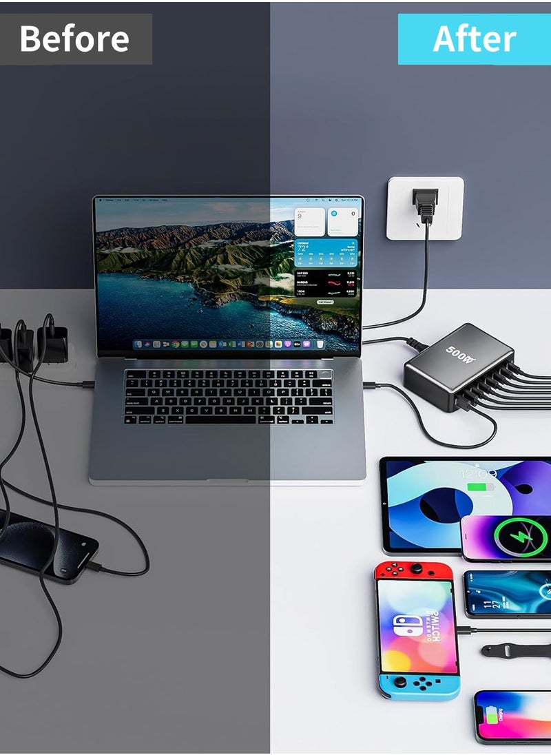 LEOKOR Charger Station, 500W GaN USB C Charging Station, 8port Charger Block, Charging Hub, Travel Adapter for Electrical Appliances Such as Laptops, Mobile Phones, Fan, The Best Friend of Computer Desk  - Image 3
