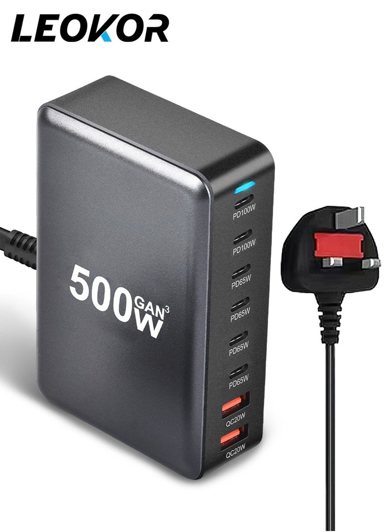 LEOKOR Charger Station, 500W GaN USB C Charging Station, 8port Charger Block, Charging Hub, Travel Adapter for Electrical Appliances Such as Laptops, Mobile Phones, Fan, The Best Friend of Computer Desk  - Image 1