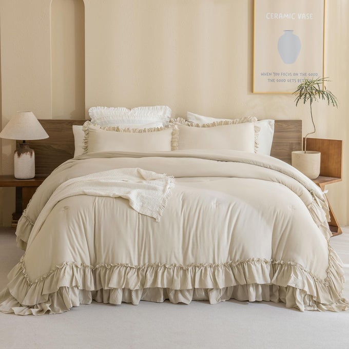 FARMHOUSE KING SIZE COMFORTER SETSHABBY BOHO CHIC BEDDING RUFFLED KING BED COMFORTER VINTAGE RUSTIC FRENCH COUNTRY BEDDING SETS 3 PIECES 1 RUFFLE COMFORTER AND 2 PILLOWCASES