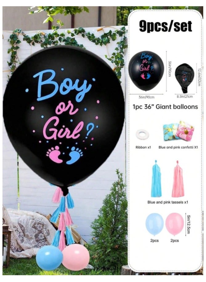 A Set of 9 Pieces of Balloons to reveal the baby’s gender, consisting of a 36-inch black balloon and four blue and pink balloons with decorative fringes in both colors. - Image 1
