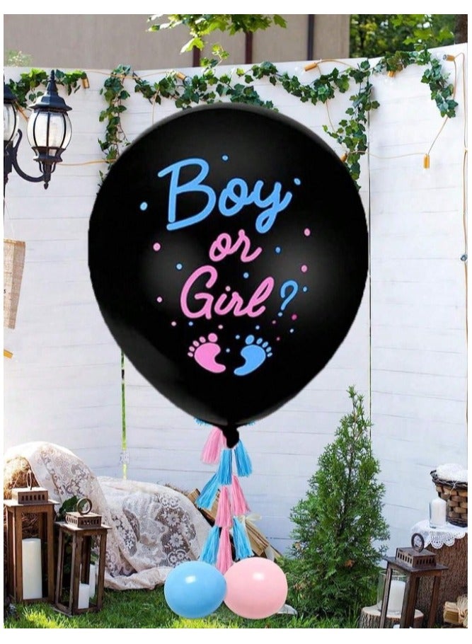 A Set of 9 Pieces of Balloons to reveal the baby’s gender, consisting of a 36-inch black balloon and four blue and pink balloons with decorative fringes in both colors. - Image 2