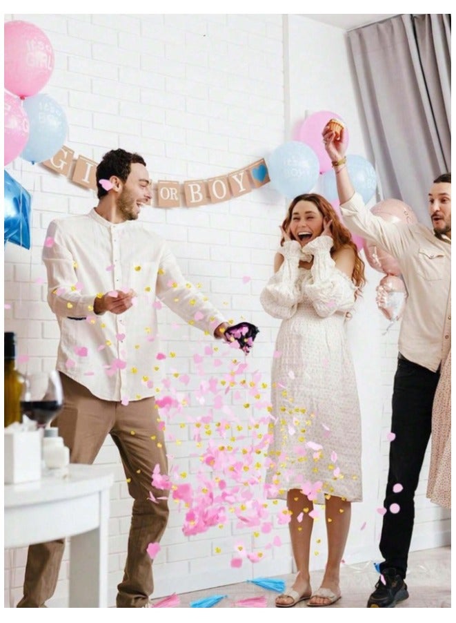 A Set of 9 Pieces of Balloons to reveal the baby’s gender, consisting of a 36-inch black balloon and four blue and pink balloons with decorative fringes in both colors. - Image 5