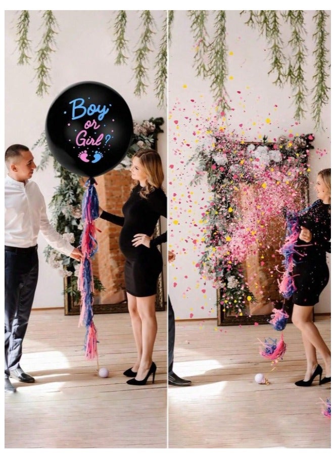 A Set of 9 Pieces of Balloons to reveal the baby’s gender, consisting of a 36-inch black balloon and four blue and pink balloons with decorative fringes in both colors. - Image 3