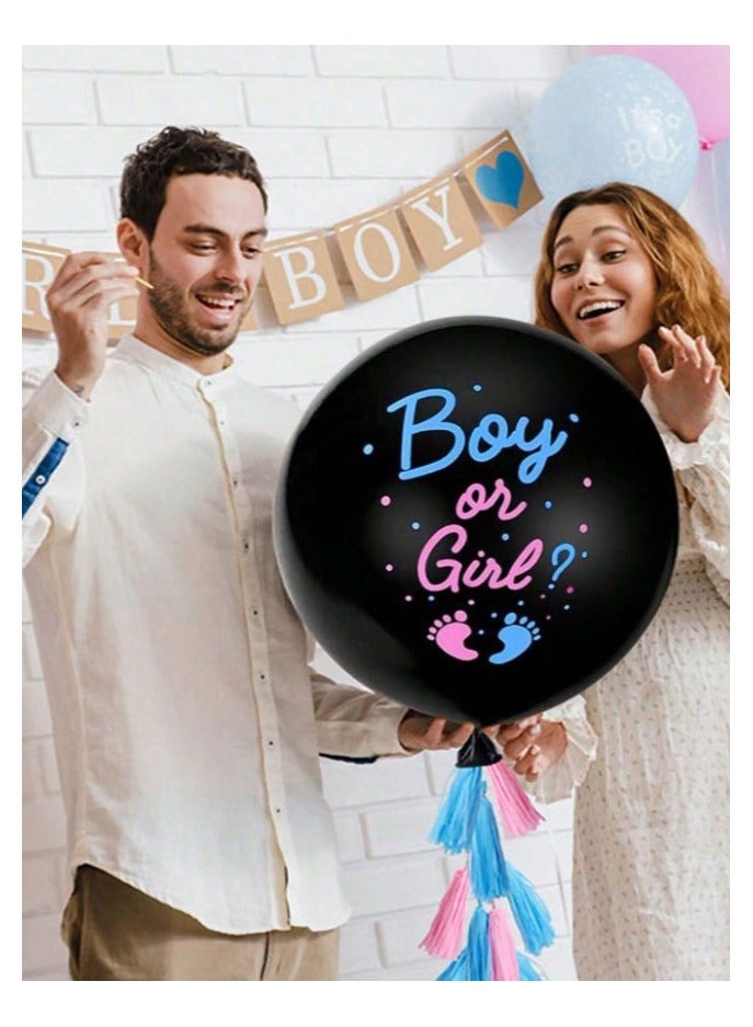 A Set of 9 Pieces of Balloons to reveal the baby’s gender, consisting of a 36-inch black balloon and four blue and pink balloons with decorative fringes in both colors. - Image 4