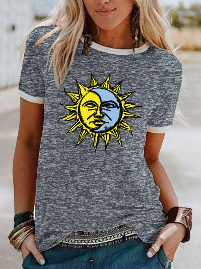 wish Sun Moon Pattern Printed Short-sleeved T-shirt for Women - Image 1