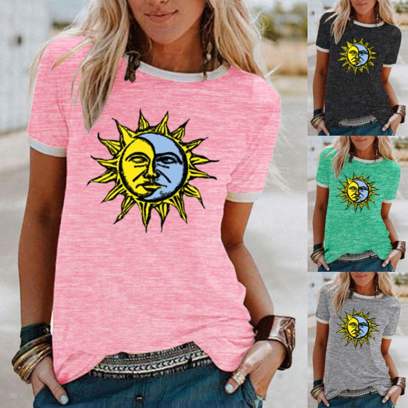 wish Sun Moon Pattern Printed Short-sleeved T-shirt for Women - Image 2