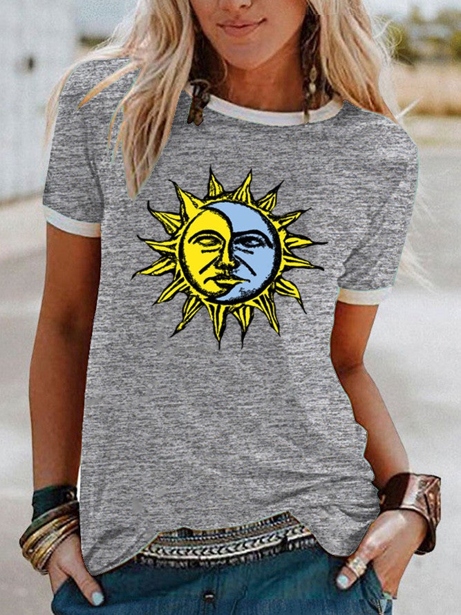 wish Sun Moon Pattern Printed Short-sleeved T-shirt for Women - Image 4