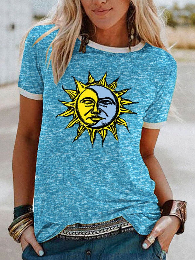 wish Sun Moon Pattern Printed Short-sleeved T-shirt for Women - Image 5