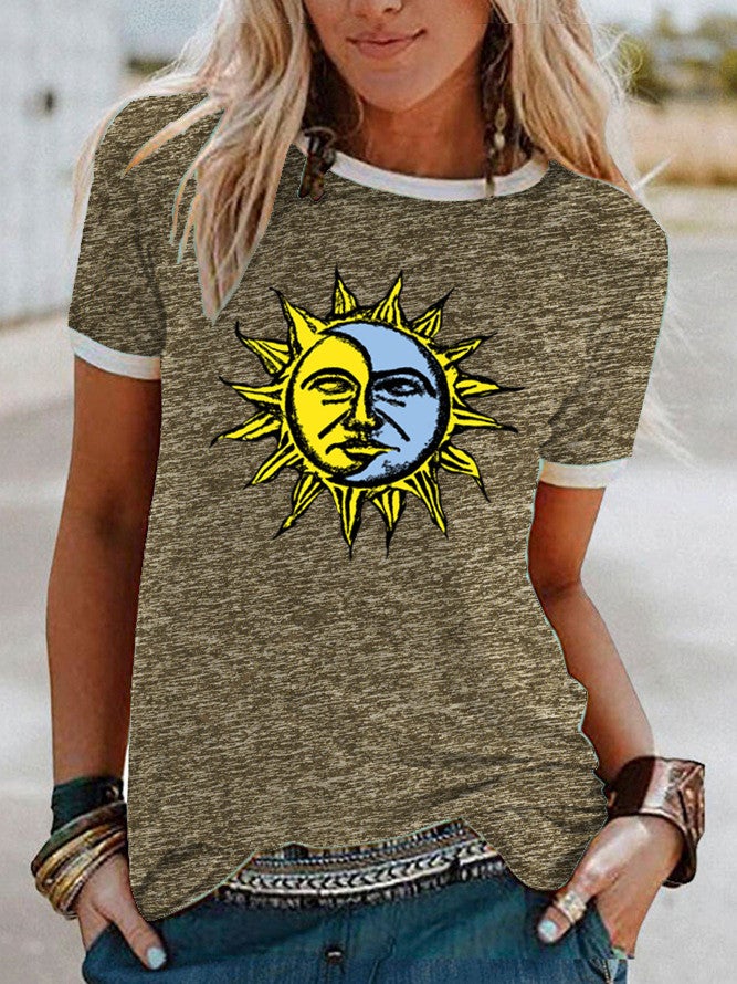 wish Sun Moon Pattern Printed Short-sleeved T-shirt for Women - Image 3