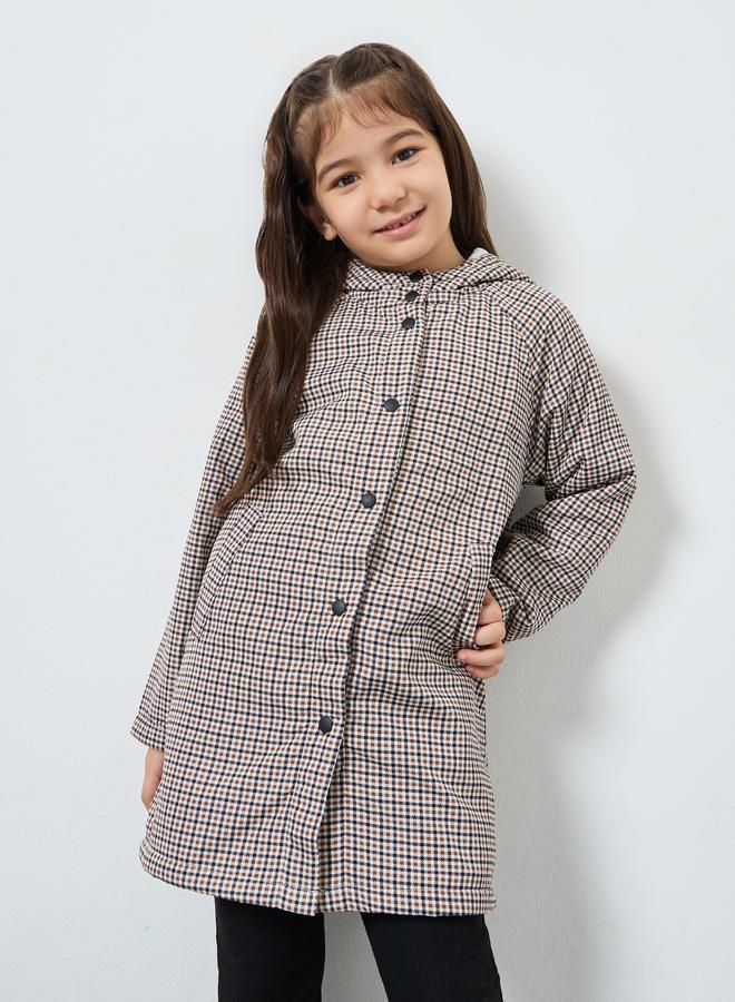 Styli Girls Checkered Hooded Coat - Image 1