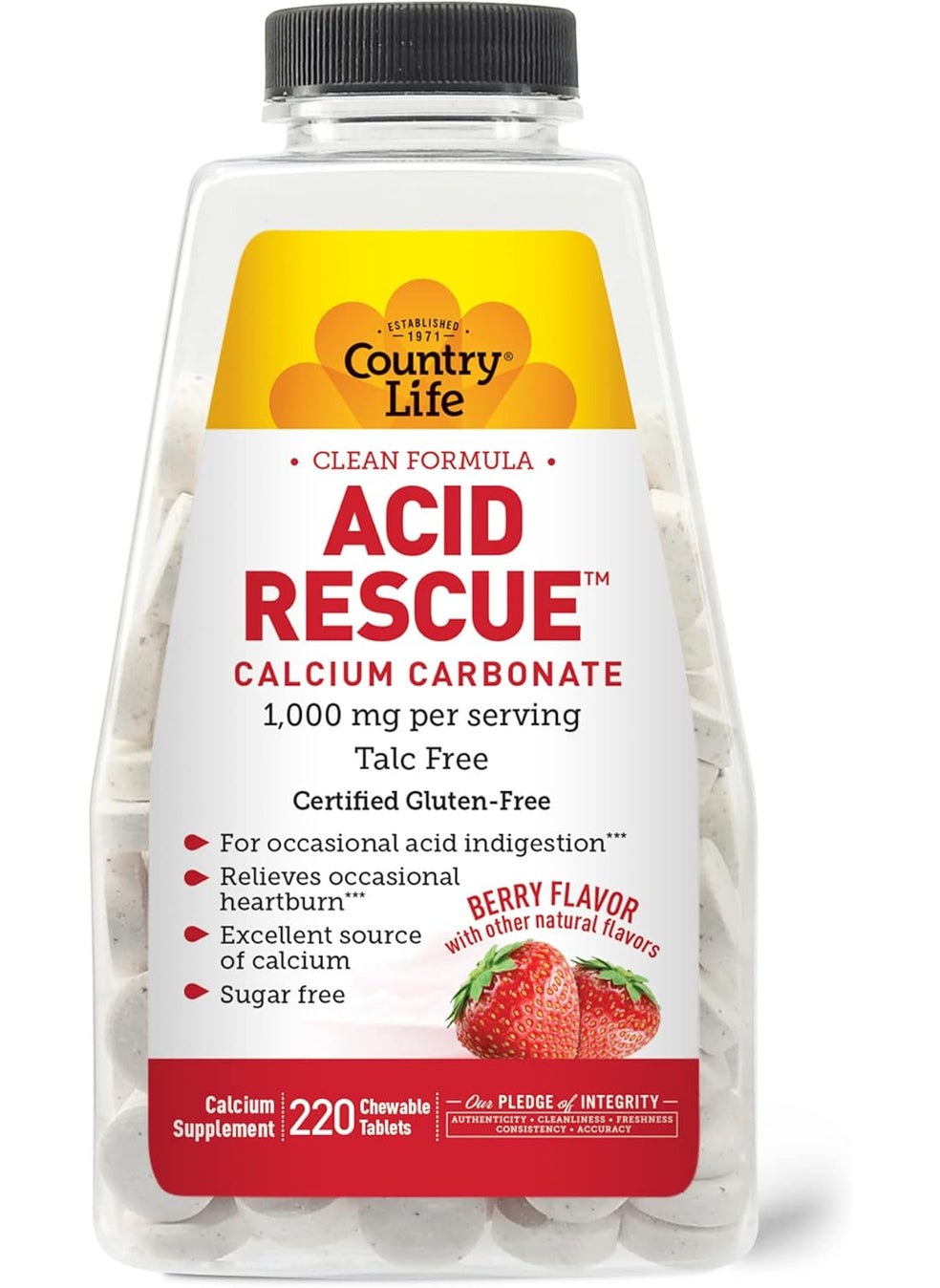 Country Life Country Life Acid Rescue Chewable Tablets - Certified Vegan & Gluten-Free Heartburn Relief, 400mg Calcium & Magnesium, Non-GMO, Sugar-Free Berry Flavor, Supports Bone Health, 220 Count 