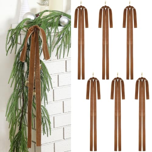 Janinka 6 Pcs Brown Long Velvet Bows Christmas Ornaments Camel Christmas Swag Neutral Bow 23.5x15.5 Inch for Xmas Tree, Fall, Wreath, Garland, Swag, Staircase, Fireplace, Door - Image 1