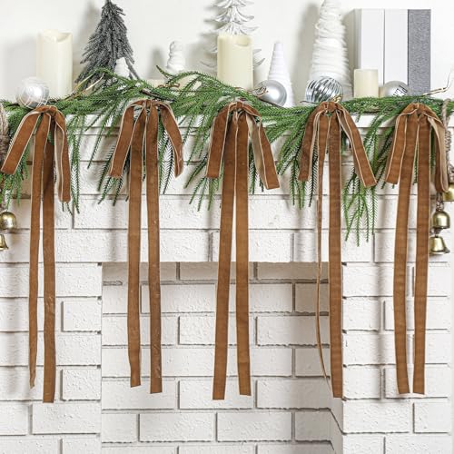 Janinka 6 Pcs Brown Long Velvet Bows Christmas Ornaments Camel Christmas Swag Neutral Bow 23.5x15.5 Inch for Xmas Tree, Fall, Wreath, Garland, Swag, Staircase, Fireplace, Door - Image 3