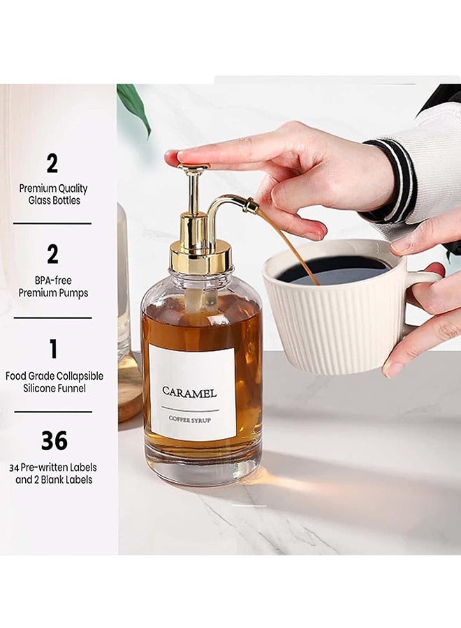 Bukela 2 Pack Coffee Syrup Dispenser for Coffee Bar, Coffee Pump Dispenser, Clear Glass Syrup Bottles w. Pump Coffee Bottles with 36 Waterproof Labels, Silicone Funnel, Pump, 500 ml Glass Bottle - Image 4
