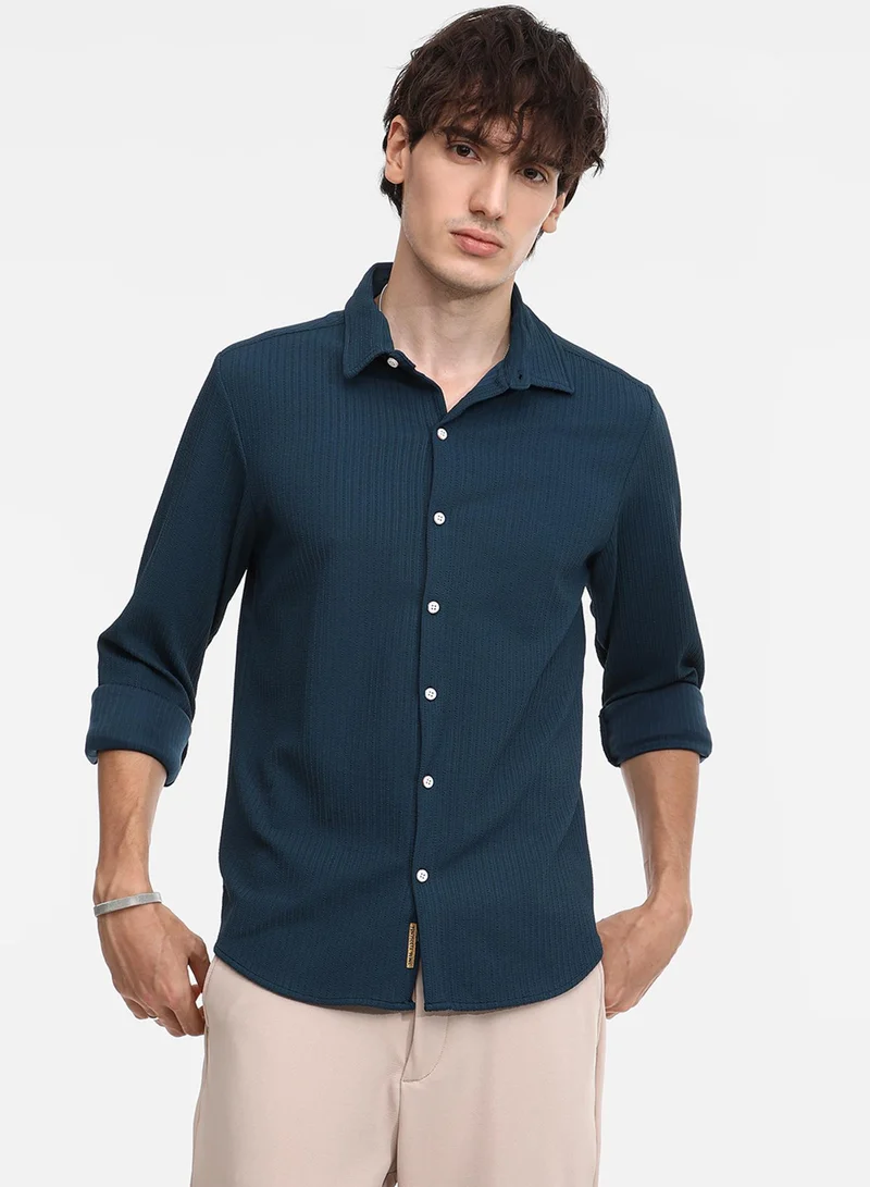 كامبوس سوترا Men's Aegean Blue Stripe-Creased Shirt For Casual Wear | Spread Collar | Long Sleeve | Button Closure | Shirt Crafted With Comfort Fit For Everyday Wear