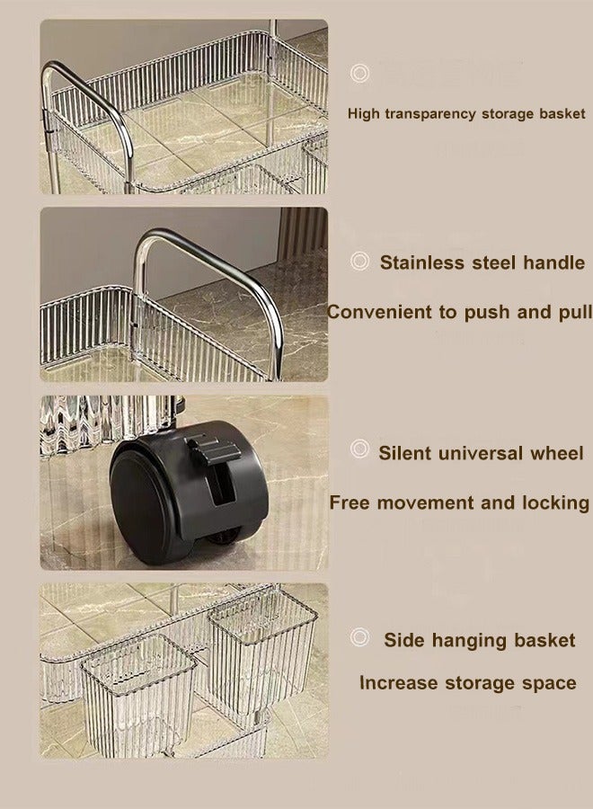4 Tier Acrylic Rolling Storage Cart 16.06 x 8.66 x 36.69 Inch Plastic Bathroom Cart Organizer Clear Laundry Room Organization Movable Functional Utility Kitchen Trolley with 4 Hanging Cup Home