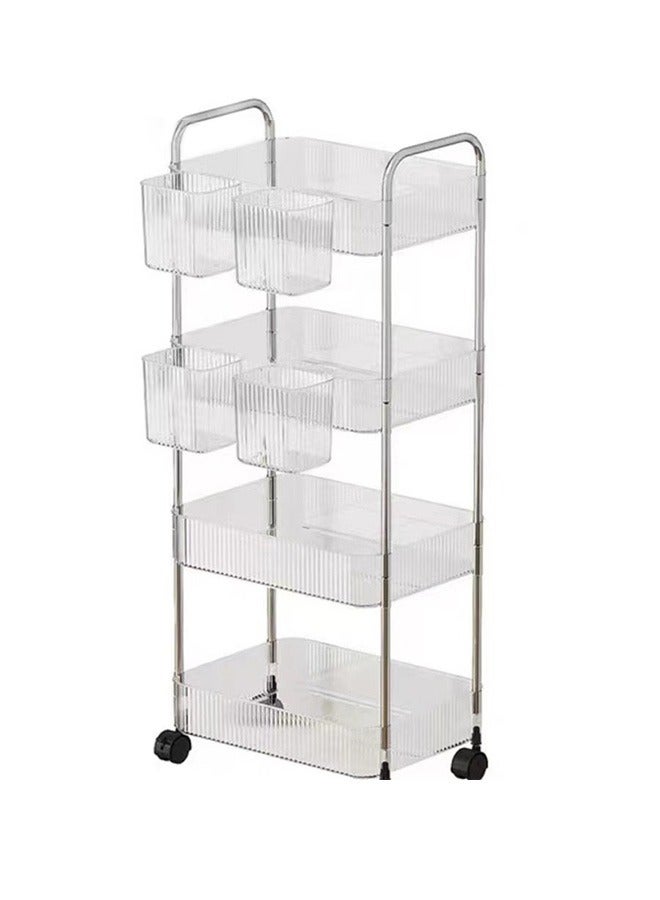 4 Tier Acrylic Rolling Storage Cart 16.06 x 8.66 x 36.69 Inch Plastic Bathroom Cart Organizer Clear Laundry Room Organization Movable Functional Utility Kitchen Trolley with 4 Hanging Cup Home