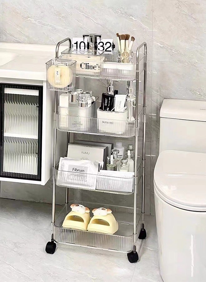 4 Tier Acrylic Rolling Storage Cart 16.06 x 8.66 x 36.69 Inch Plastic Bathroom Cart Organizer Clear Laundry Room Organization Movable Functional Utility Kitchen Trolley with 4 Hanging Cup Home