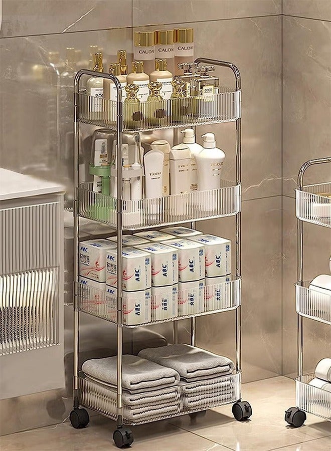 4 Tier Acrylic Rolling Storage Cart 16.06 x 8.66 x 36.69 Inch Plastic Bathroom Cart Organizer Clear Laundry Room Organization Movable Functional Utility Kitchen Trolley with 4 Hanging Cup Home