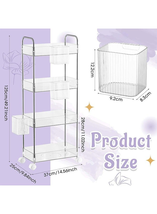 4 Tier Acrylic Rolling Storage Cart 16.06 x 8.66 x 36.69 Inch Plastic Bathroom Cart Organizer Clear Laundry Room Organization Movable Functional Utility Kitchen Trolley with 4 Hanging Cup Home