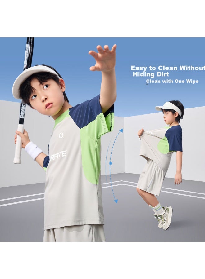 Zuoxi Boys' Cool Feeling Sports Suit Summer New Children's Outdoor Breathable Short Sleeve Two-piece Set Grey 120 - Image 1