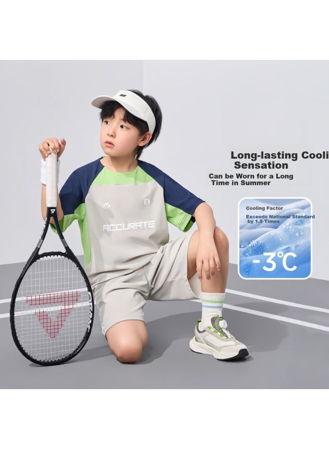 Zuoxi Boys' Cool Feeling Sports Suit Summer New Children's Outdoor Breathable Short Sleeve Two-piece Set Grey 120 - Image 2