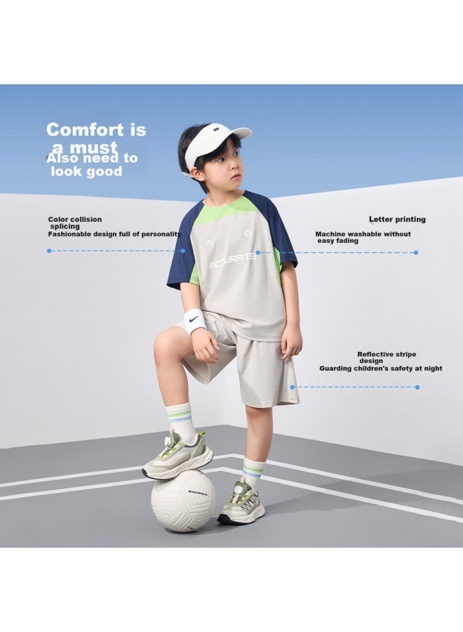 Zuoxi Boys' Cool Feeling Sports Suit Summer New Children's Outdoor Breathable Short Sleeve Two-piece Set Grey 120 - Image 3