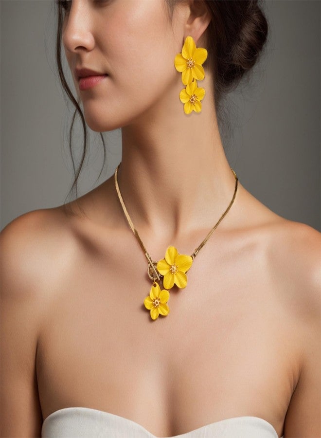 WCRAZYE Gold Flower Earrings Necklace Set for Women Boho Summer Daisy Floral Statement Earrings Brides Wedding Guest Dresses Jewelry (Yellow) - Image 2