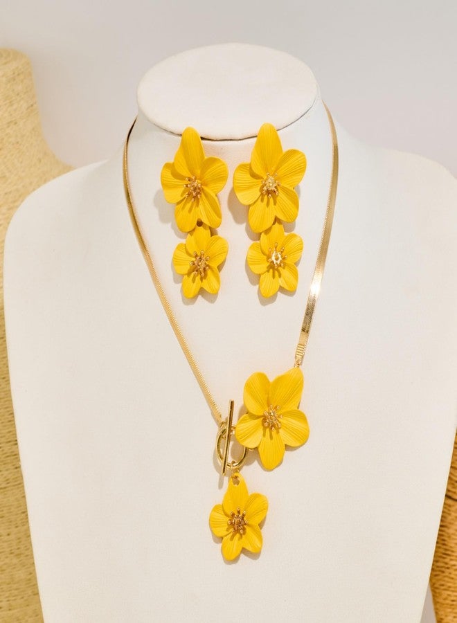 WCRAZYE Gold Flower Earrings Necklace Set for Women Boho Summer Daisy Floral Statement Earrings Brides Wedding Guest Dresses Jewelry (Yellow) - Image 5