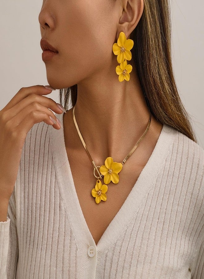WCRAZYE Gold Flower Earrings Necklace Set for Women Boho Summer Daisy Floral Statement Earrings Brides Wedding Guest Dresses Jewelry (Yellow) - Image 4