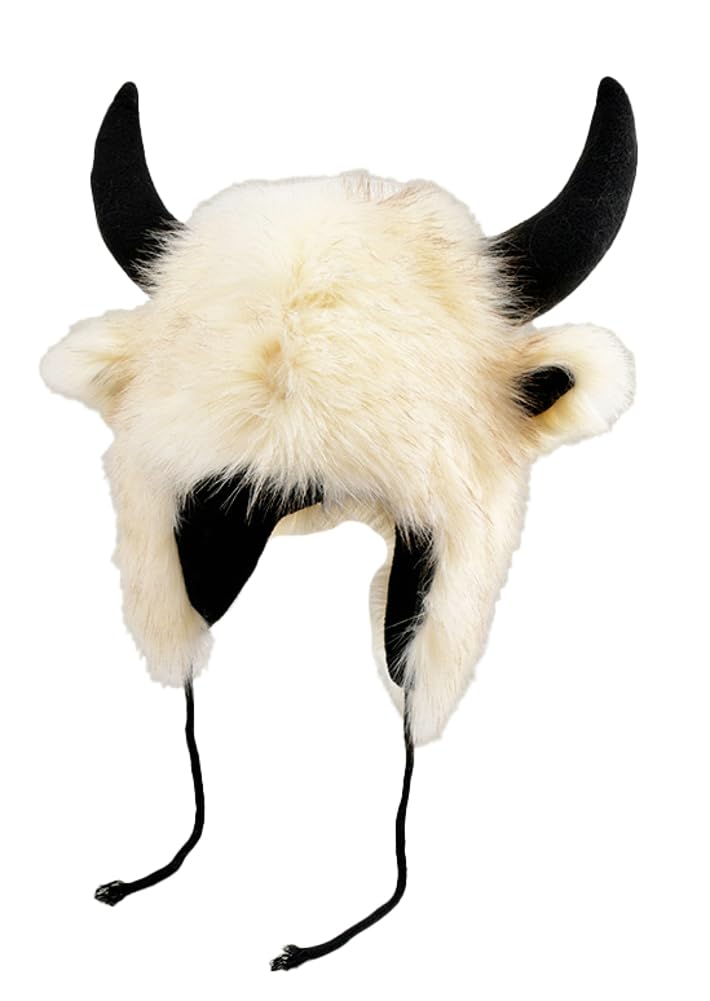 Hzxsny Faux Fur Trooper Hat for Women Men Furry Buffalo Hat with Horns Furry Earmuff Winter Trooper Caps Fluffy Earflap Cap 2025 - Image 1