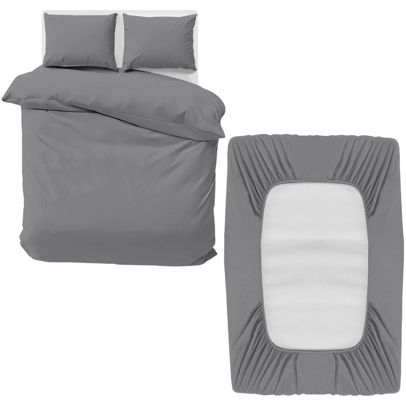 MOONLIGHT20015 Double Bedding Set 4 Piece Duvet Cover Fitted Sheet with Pillow cases Soft Brushed Microfiber Duvet Cover sets Grey - Image 1
